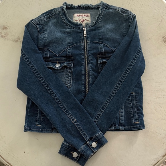 True Religion Y2K Slim Jimmy Dark Blue Jean Jacket frayed collarless neck - Picture 4 of 16